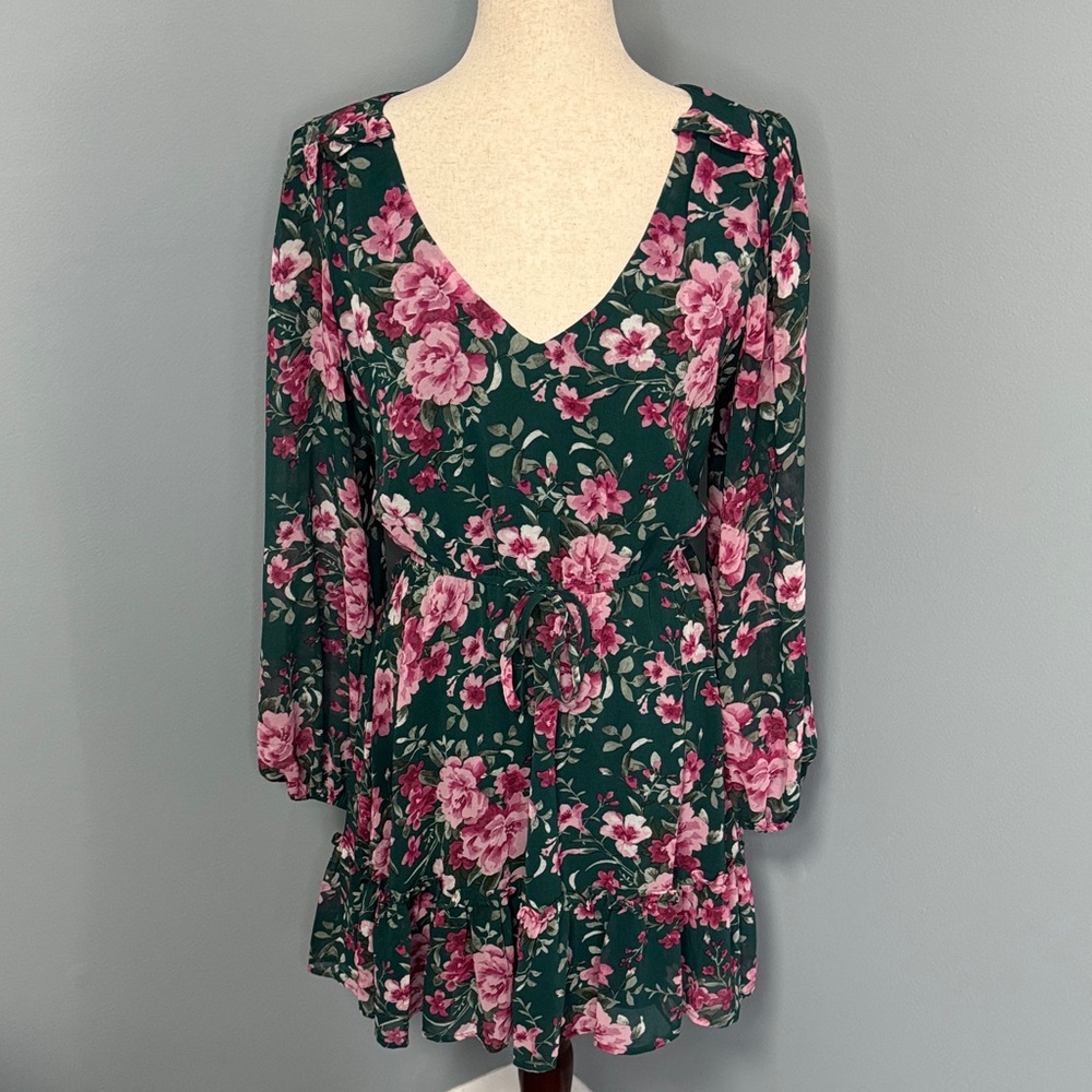 Crystal Doll Women’s Green Floral Tie Waist A-Line Dress Sz M